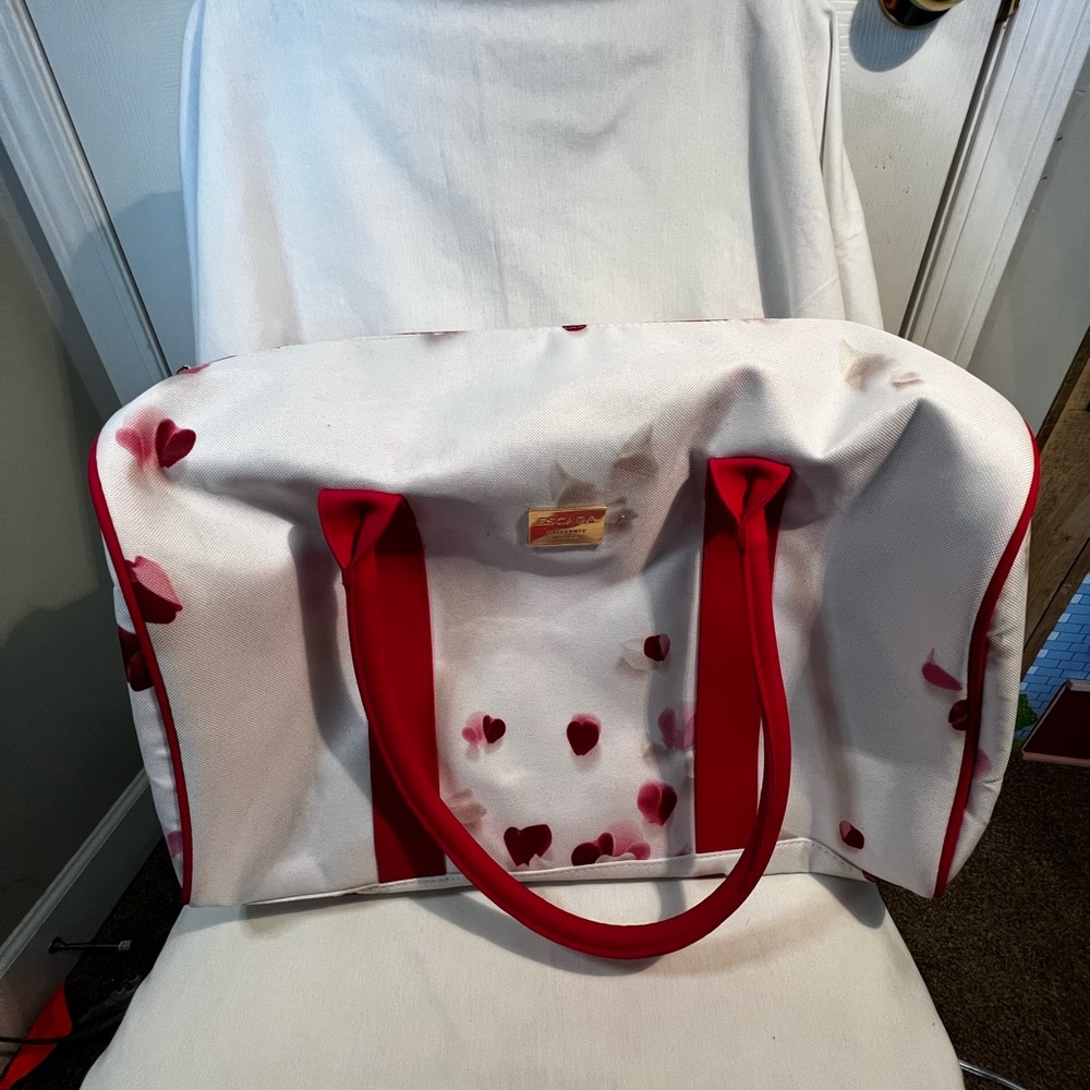 Escada White Tote with Red Heart Print and Red Handles